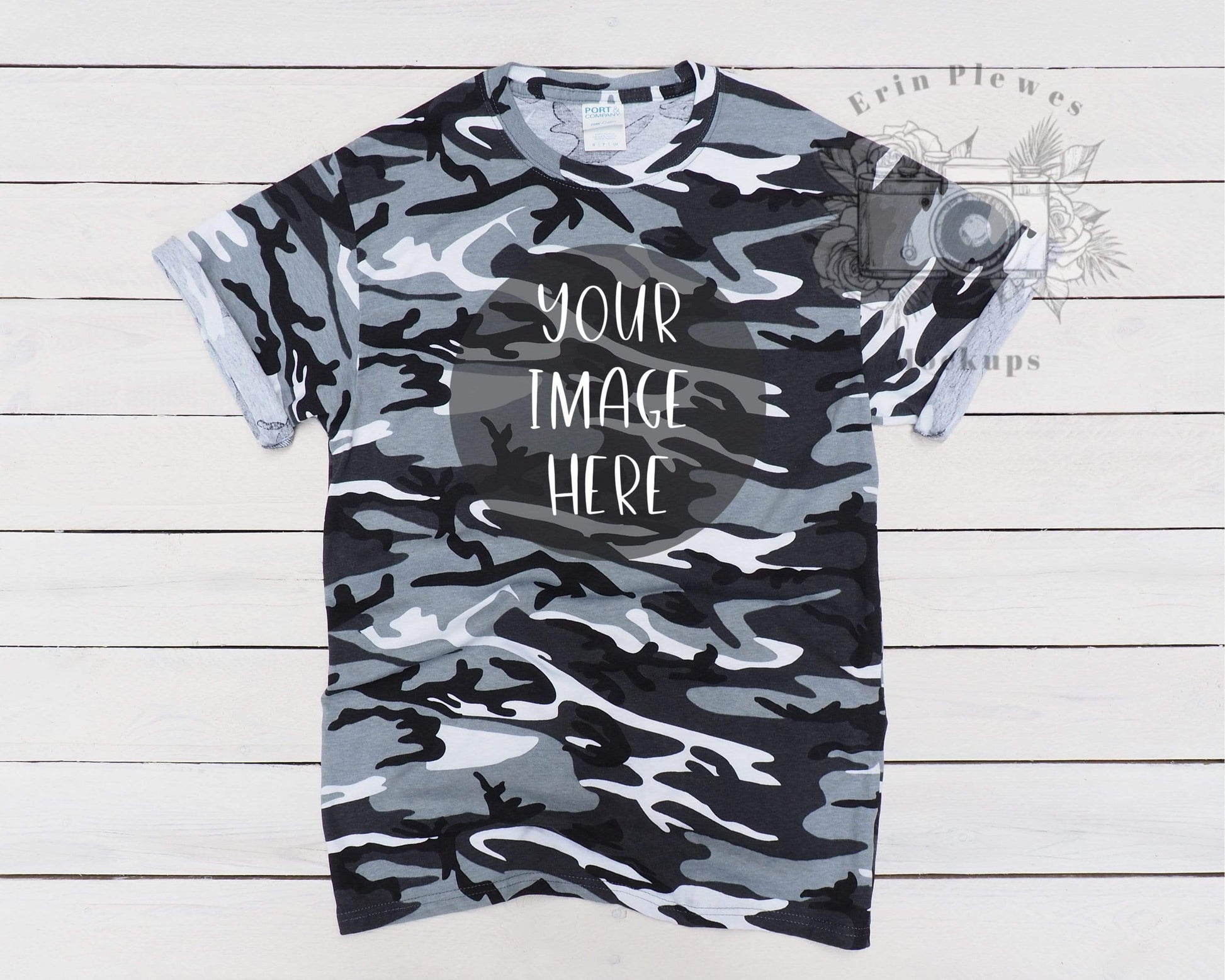 Erin Plewes Mockups Camo Tshirt Mockup, T Shirt Mockup for Lifestyle Stock Photo, Gray Tee Shirt Mock-up for Crafters