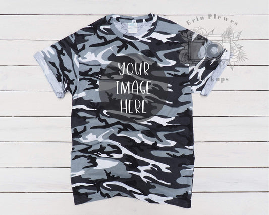 Erin Plewes Mockups Camo Tshirt Mockup, T Shirt Mockup for Lifestyle Stock Photo, Gray Tee Shirt Mock-up for Crafters