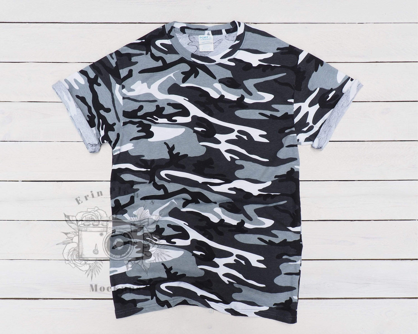 Erin Plewes Mockups Camo Tshirt Mockup, T Shirt Mockup for Lifestyle Stock Photo, Gray Tee Shirt Mock-up for Crafters