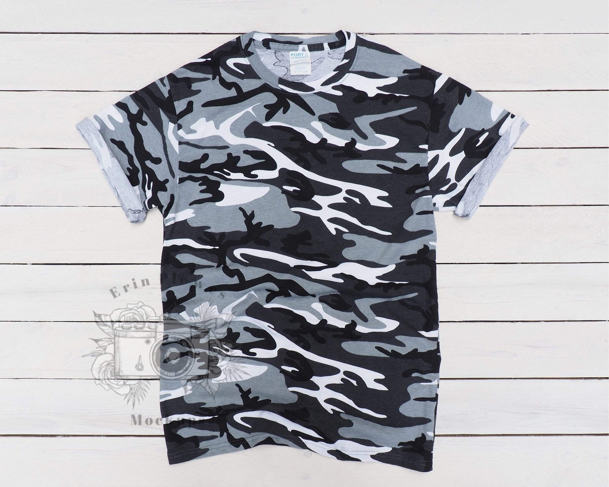 Erin Plewes Mockups Camo Tshirt Mockup, T Shirt Mockup for Lifestyle Stock Photo, Gray Tee Shirt Mock-up for Crafters