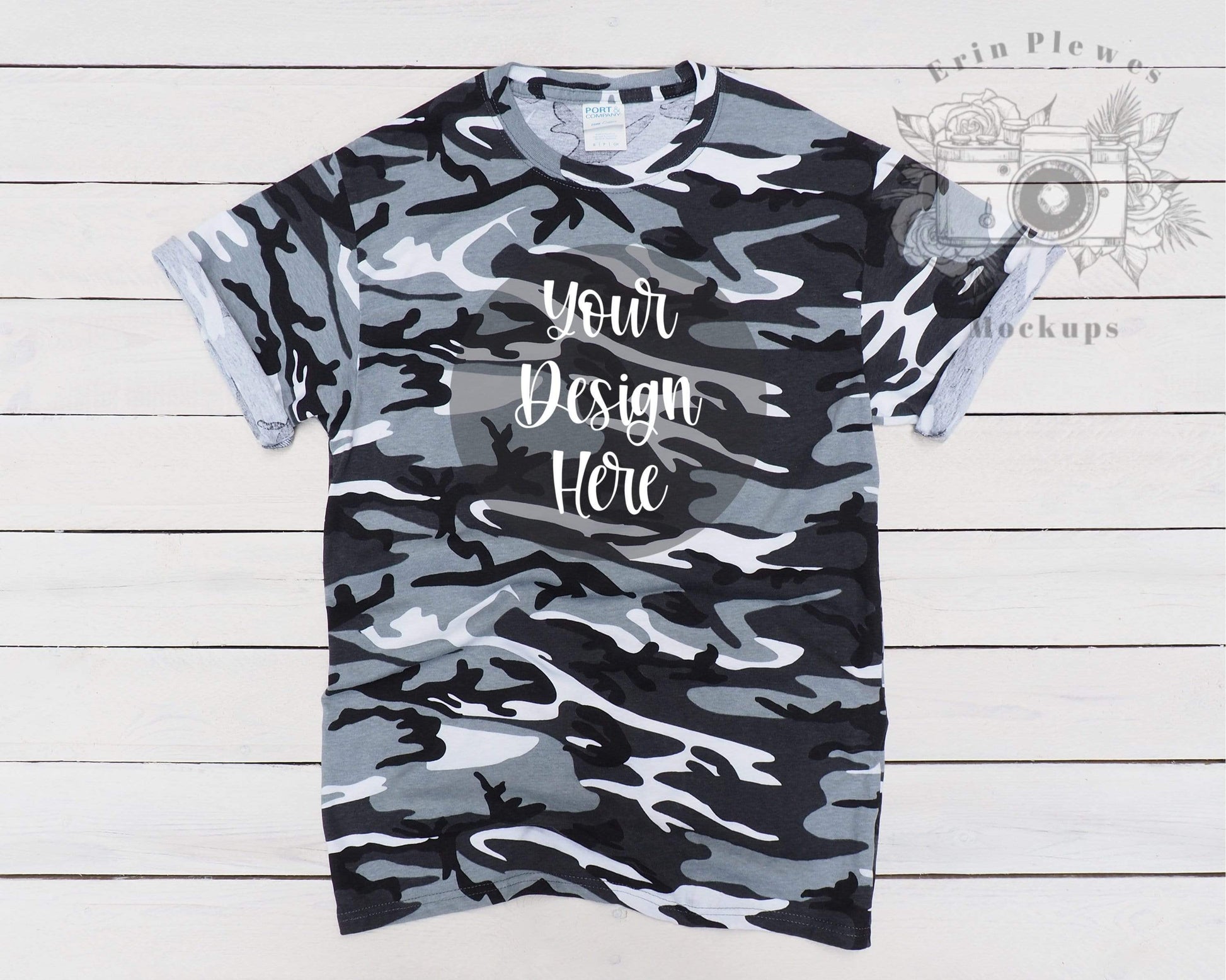 Erin Plewes Mockups Camo Tshirt Mockup, T Shirt Mockup for Lifestyle Stock Photo, Gray Tee Shirt Mock-up for Crafters