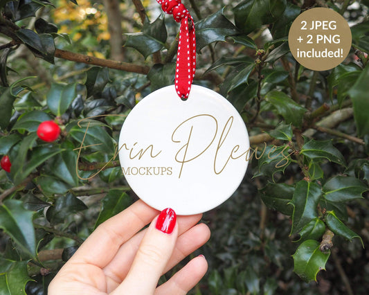 Erin Plewes Mockups Christmas mockup round ornament, white blank Holiday decoration mock-up for template design and stock photography, JPG PNG Digital Download
