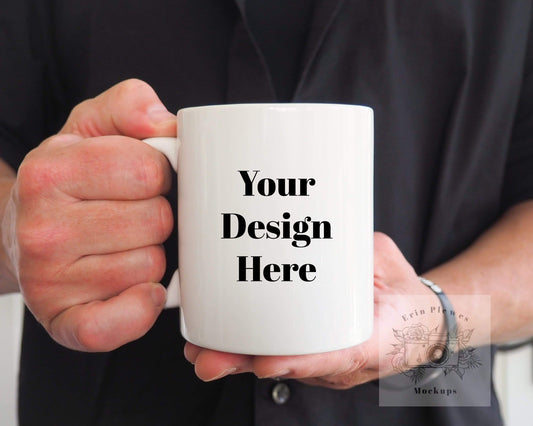 Erin Plewes Mockups Coffee Mug Mockup, 11 oz Mug Mock Up With Man Hands Photo, Digital Download Jpeg Masculine Stock Photography Template
