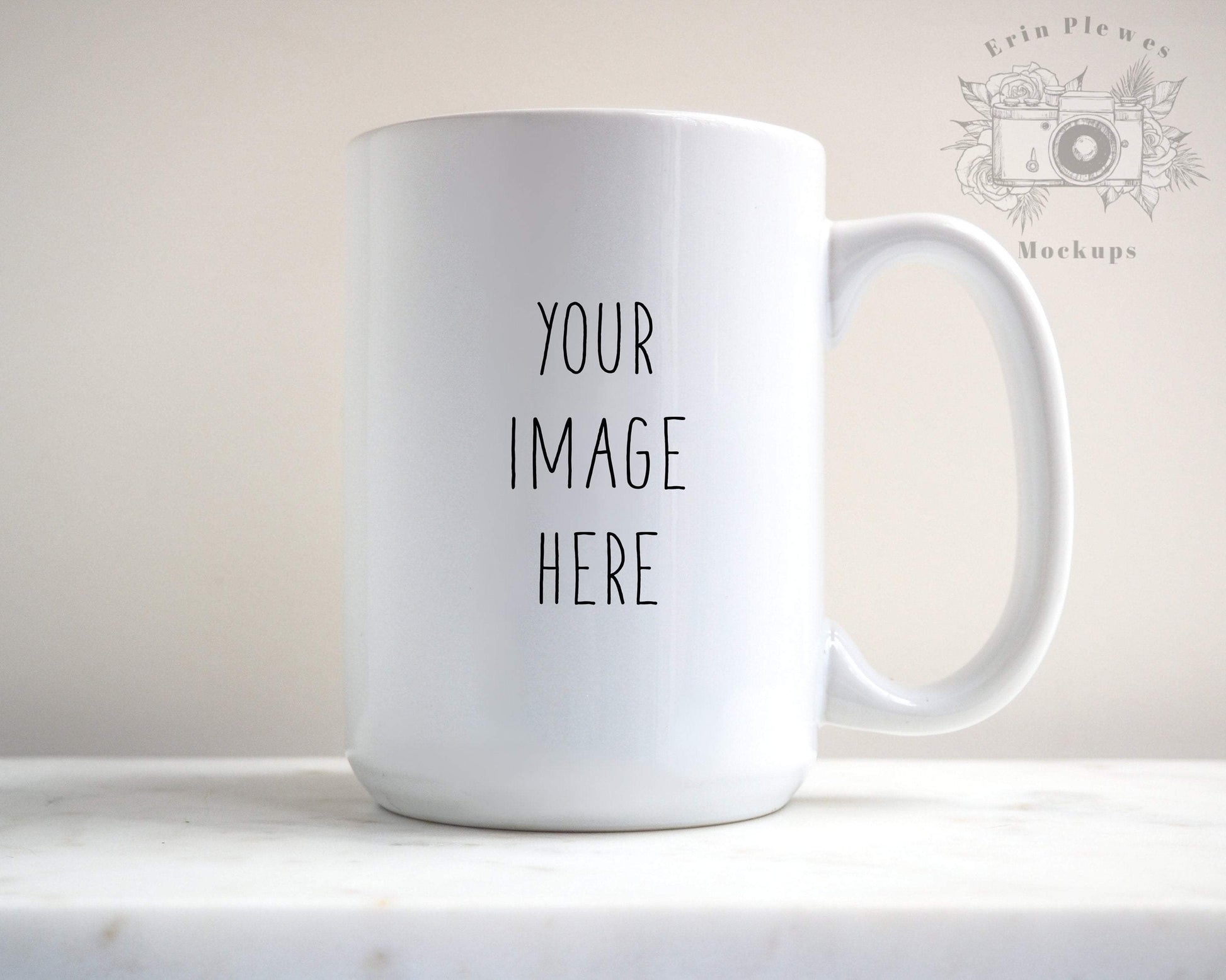 Erin Plewes Mockups Coffee Mug Mockup, 15 oz Mug Mockup with White Marble Background, Digital Download Jpeg Minimalist Stock Photography Template