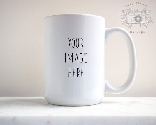 Erin Plewes Mockups Coffee Mug Mockup, 15 oz Mug Mockup with White Marble Background, Digital Download Jpeg Minimalist Stock Photography Template