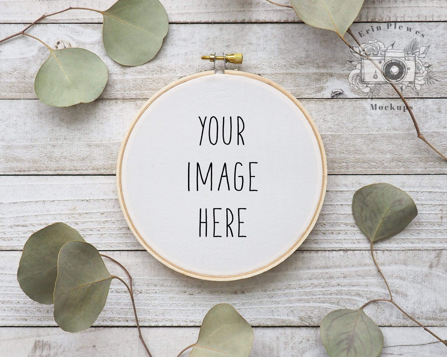 Erin Plewes Mockups Cross Stitch Mockup, Embroidery hoop mockup with eucalyptus on rustic gray wood, Sewing Mock-up, JPG Digital Download Template