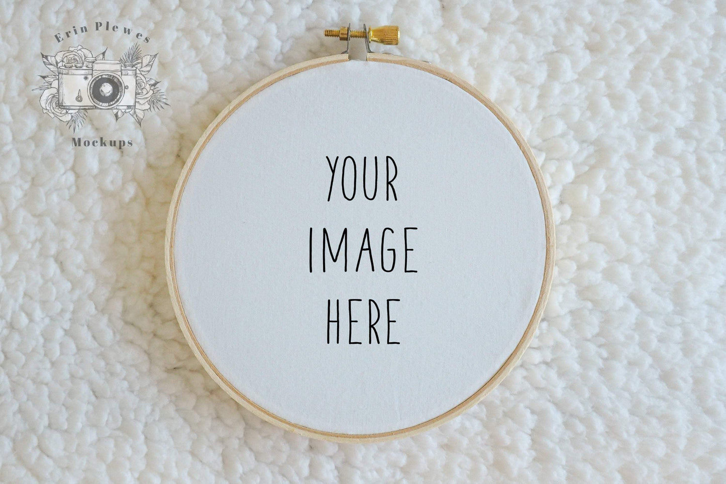 Erin Plewes Mockups Embroidery Hoop Mockup, Cross Stitch Mockup on White Sherpa Blanket, Sewing Mock-up, Jpeg Digital Download Template