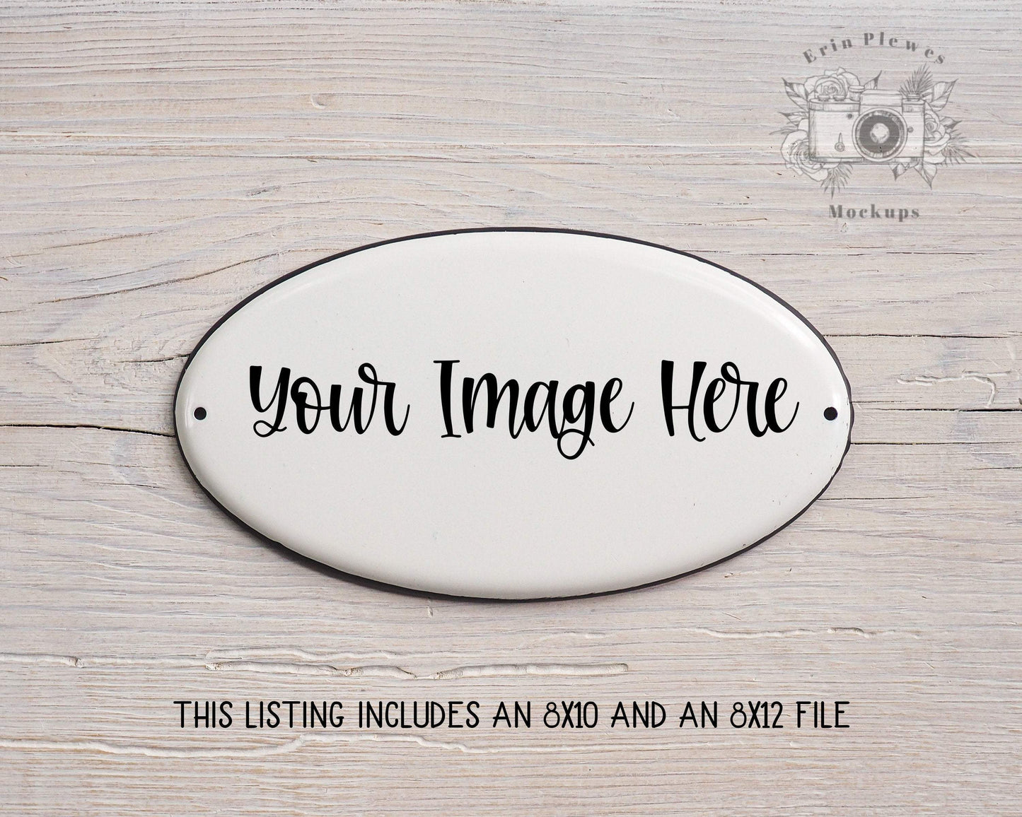 Erin Plewes Mockups Enamel Sign Mockup, Oval Sign Mock-up on White Farmhouse Style Rustic Wood, Minimal Mock Up Jpeg Stock Photo