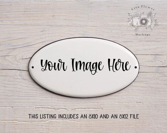 Erin Plewes Mockups Enamel Sign Mockup, Oval Sign Mock-up on White Farmhouse Style Rustic Wood, Minimal Mock Up Jpeg Stock Photo