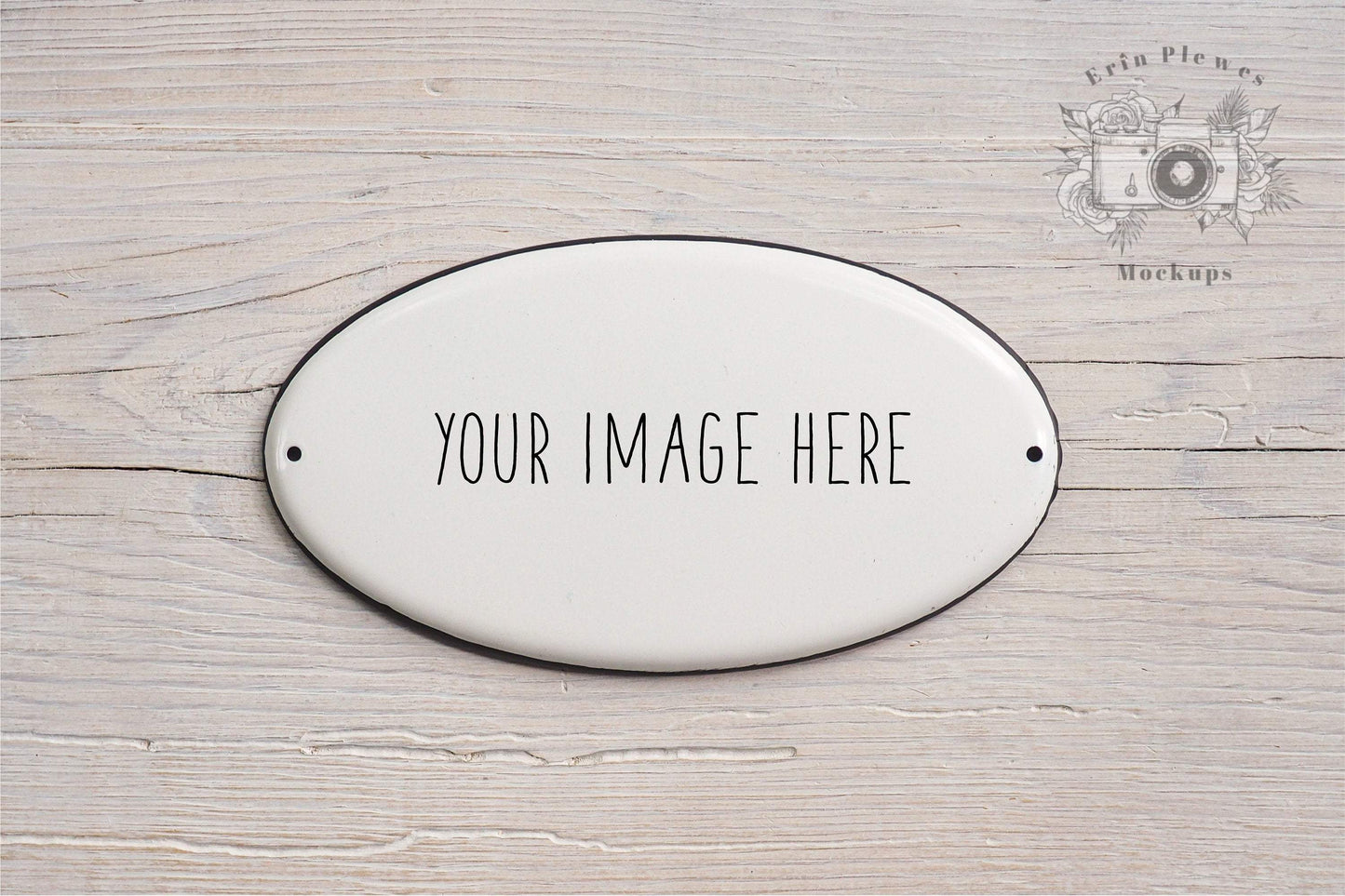 Erin Plewes Mockups Enamel Sign Mockup, Oval Sign Mock-up on White Farmhouse Style Rustic Wood, Minimal Mock Up Jpeg Stock Photo