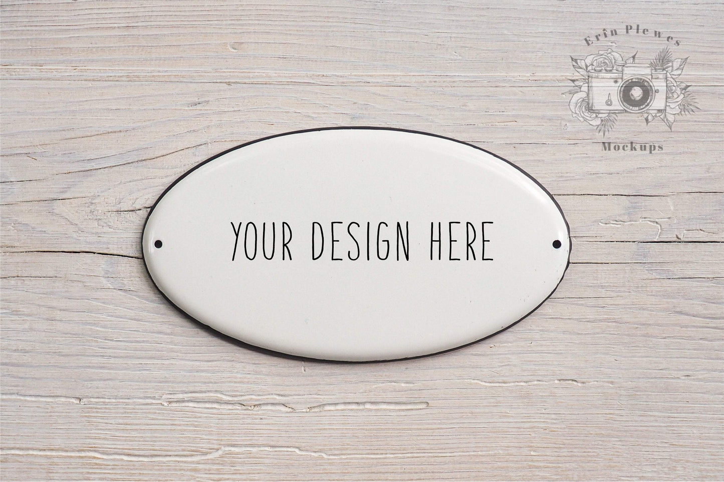 Erin Plewes Mockups Enamel Sign Mockup, Oval Sign Mock-up on White Farmhouse Style Rustic Wood, Minimal Mock Up Jpeg Stock Photo