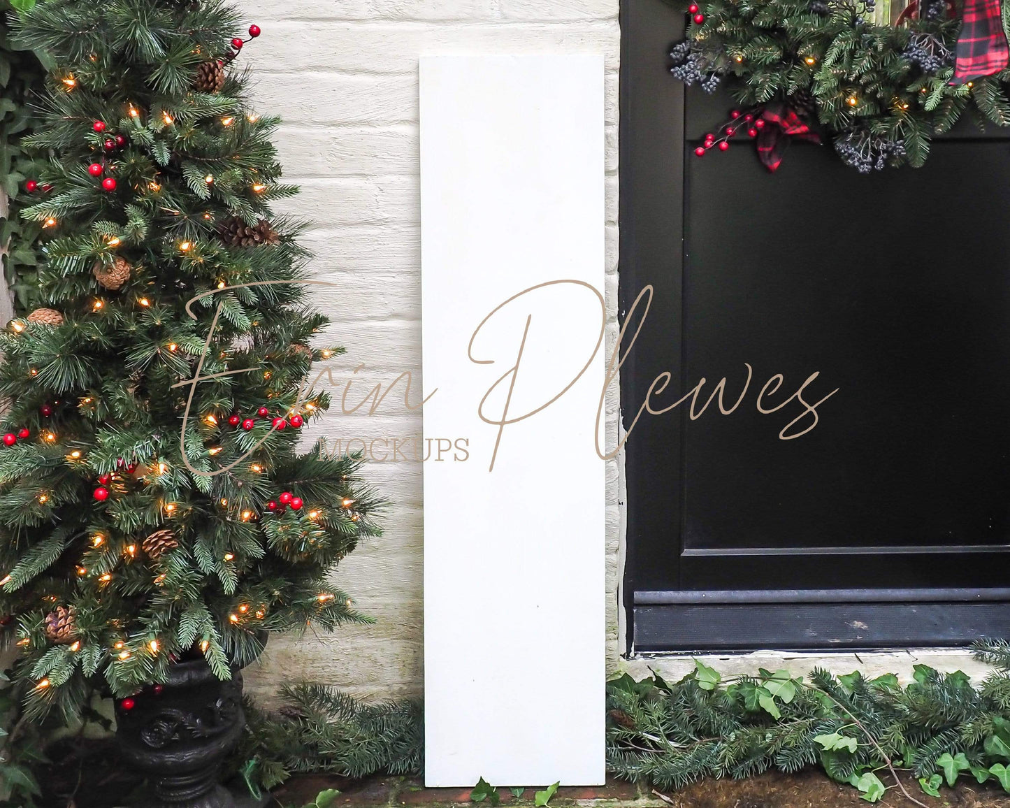 Erin Plewes Mockups Farmhouse Sign Mockup, White Vertical Sign Mock-up Christmas Theme, Outdoor Sign Mock Up 12'x48", Rustic Wood Frame Mock Ups