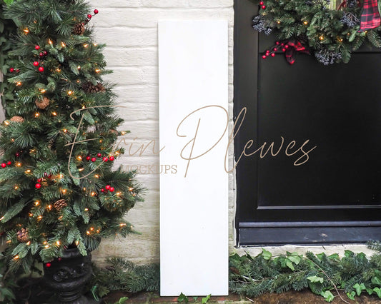 Erin Plewes Mockups Farmhouse Sign Mockup, White Vertical Sign Mock-up Christmas Theme, Outdoor Sign Mock Up 12'x48",  Rustic Wood Frame Mock Ups