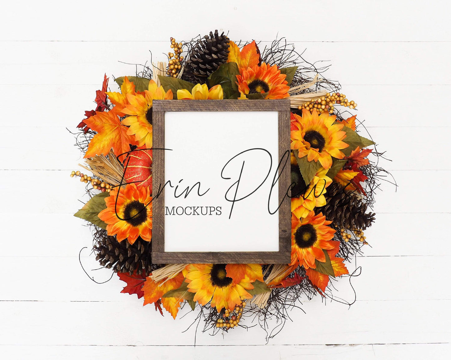 Erin Plewes Mockups Farmhouse Wood Sign Mockup, 8x10 Fall Sign Mock Up, Autumn Sign Flat Lay with Pumpkins and Sunflowers, Rustic Wood Frame Mock-up Vertical