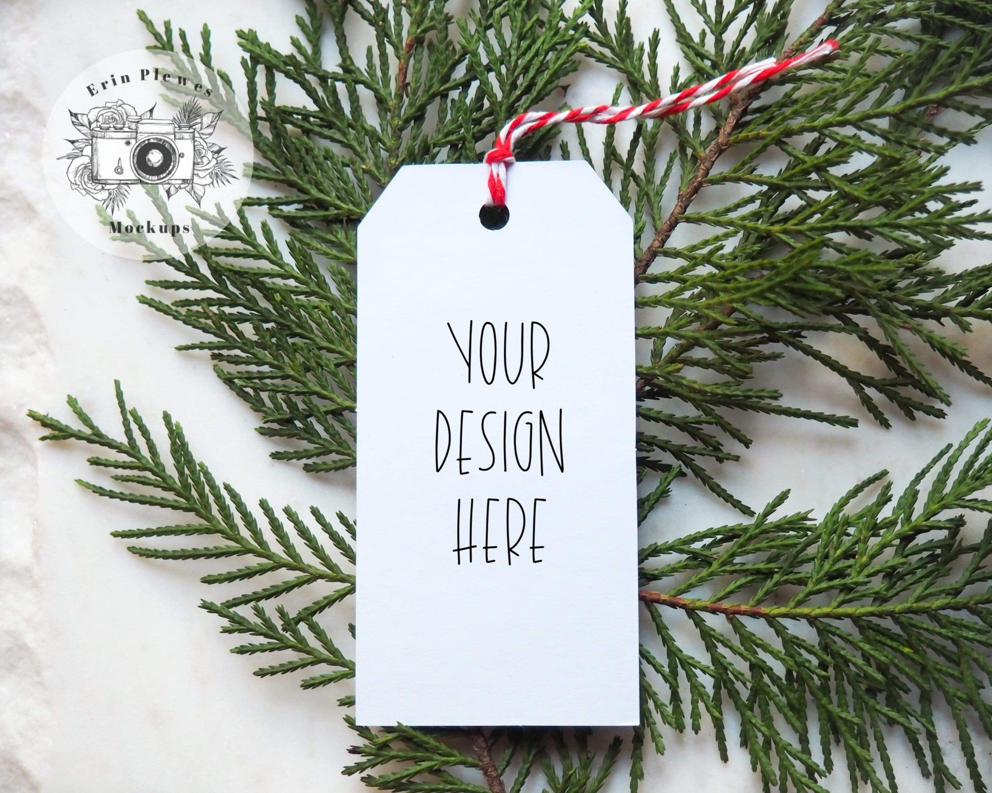 Erin Plewes Mockups Gift Tag Mockup, Christmas label mock-up with tree branch for lifestyle stock photo, JPG Instant Digital Download Template