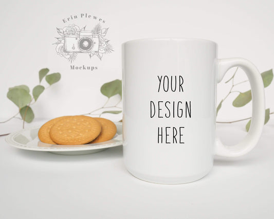 Erin Plewes Mockups Mug Mock Up 15oz, White Coffee Mug Mockup with Cookies, Minimalist Coffee Mug Template, Mug Lifestyle Stock Photo