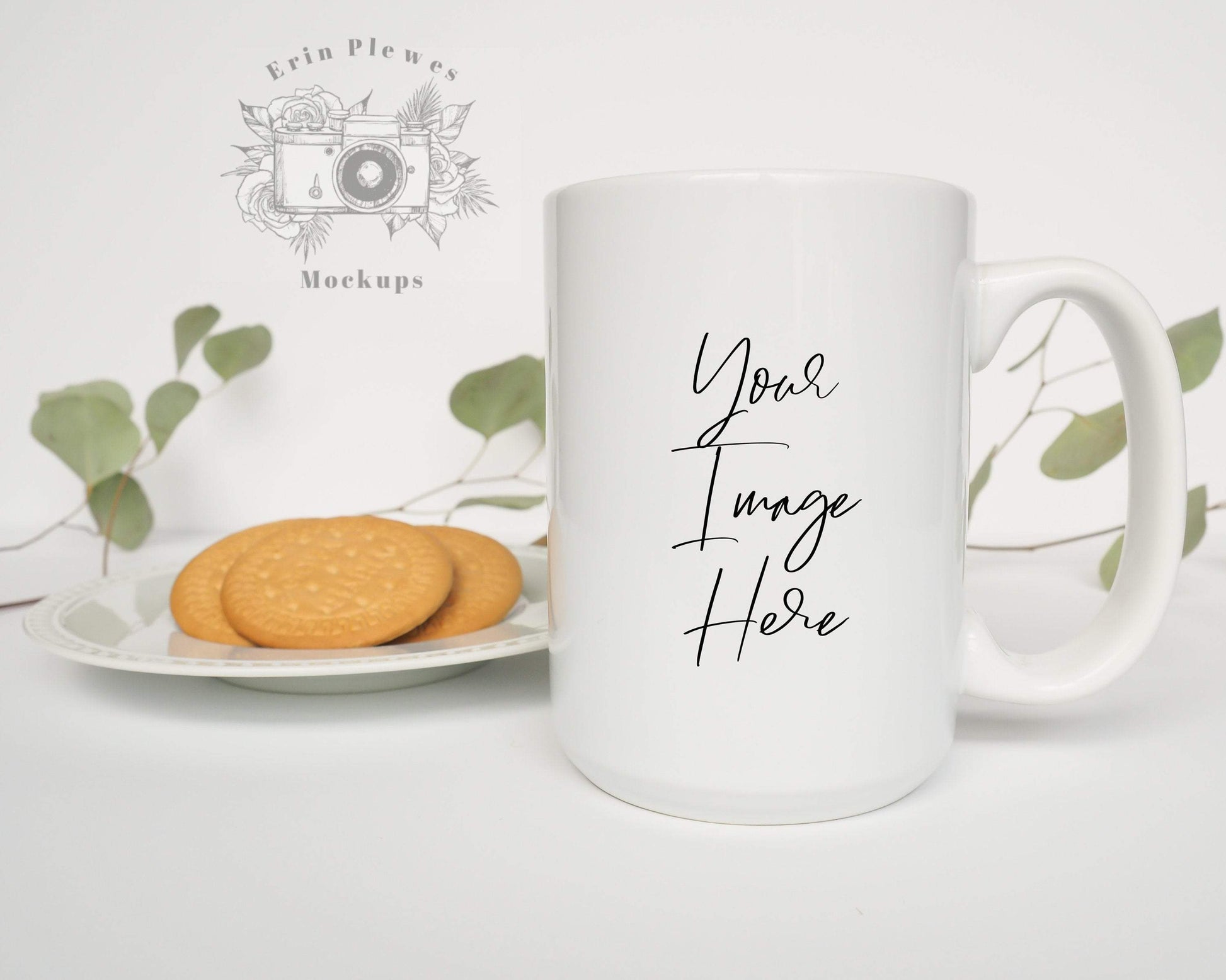 Erin Plewes Mockups Mug Mock Up 15oz, White Coffee Mug Mockup with Cookies, Minimalist Coffee Mug Template, Mug Lifestyle Stock Photo