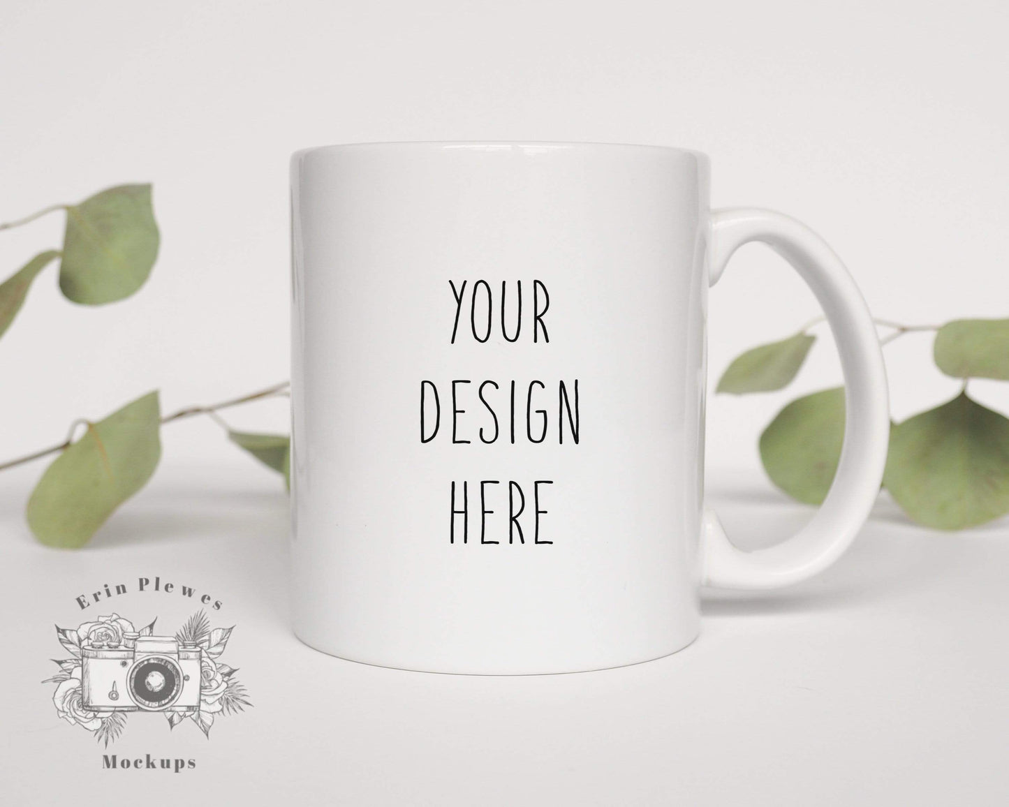 Erin Plewes Mockups Mug Mockup, 11 oz White coffee mug mock-up with eucalyptus for stock photos, Digital Download Jpeg, Minimalist Mock Ups