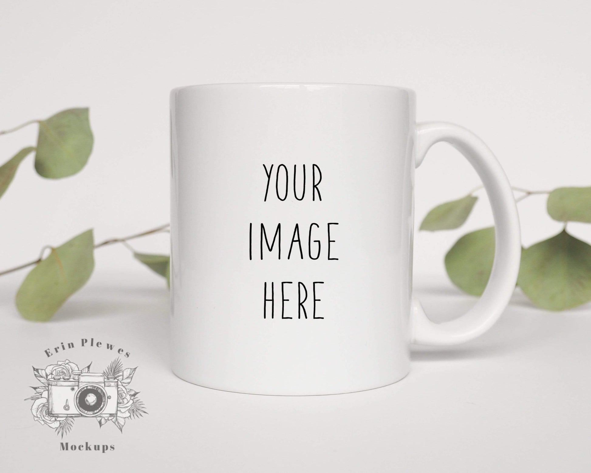 Erin Plewes Mockups Mug Mockup, 11 oz White coffee mug mock-up with eucalyptus for stock photos, Digital Download Jpeg, Minimalist Mock Ups
