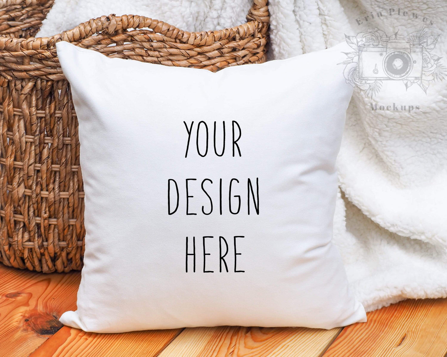 Erin Plewes Mockups Pillow Mockup, Square pillow mockup with rustic wood background for lifestyle stock photography, White pillow mock up jpeg digital download