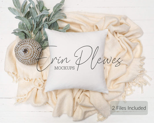 Erin Plewes Mockups Pillow Mockup, Throw Pillow Mock Up with Blanket and Pumpkin, Fall Farmhouse Style Stock Photo, Cushion Mockup, Jpg Instant Digital Download