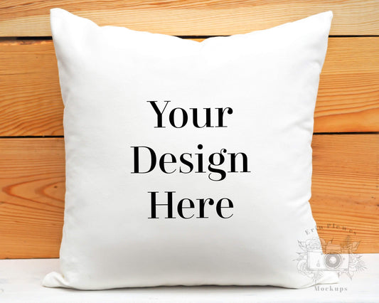 Erin Plewes Mockups Pillow Mockup, White pillow mockup with rustic wood background for lifestyle stock photography, square pillow mock up jpeg digital download