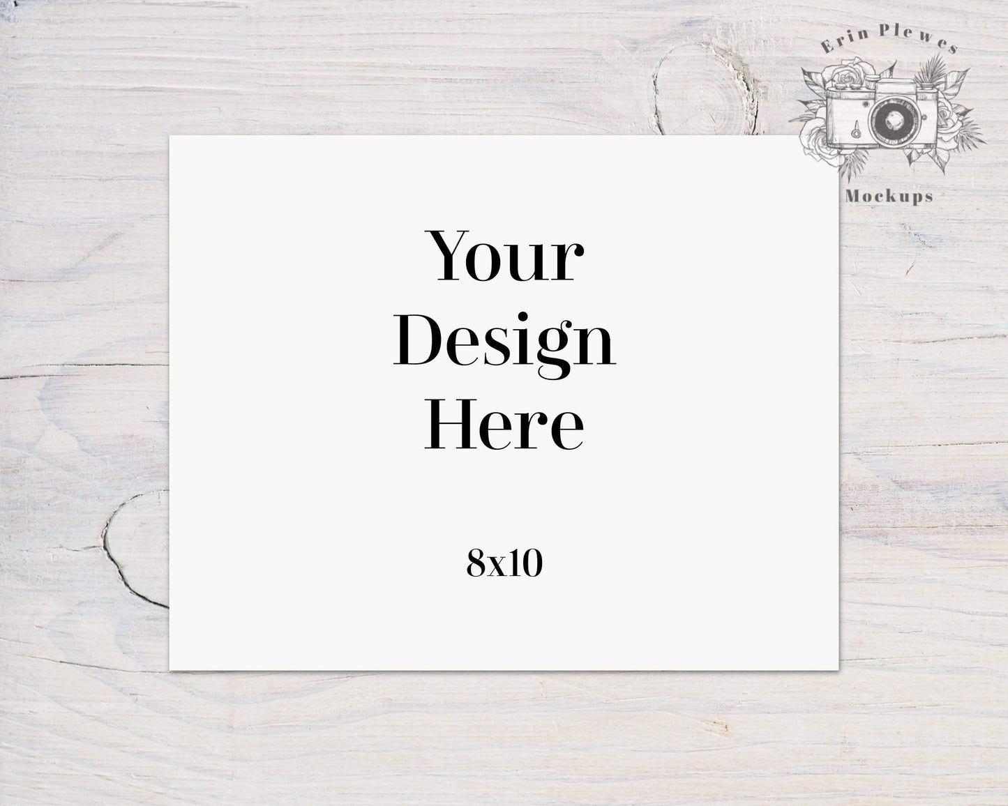 Erin Plewes Mockups Poster Mockup, 8x10 Horizontal Print Mock Up on White Farmhouse Rustic Wood, Minimalist Paper Mockup JPG