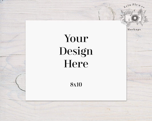 Erin Plewes Mockups Poster Mockup, 8x10 Horizontal Print Mock Up on White Farmhouse Rustic Wood, Minimalist Paper Mockup JPG