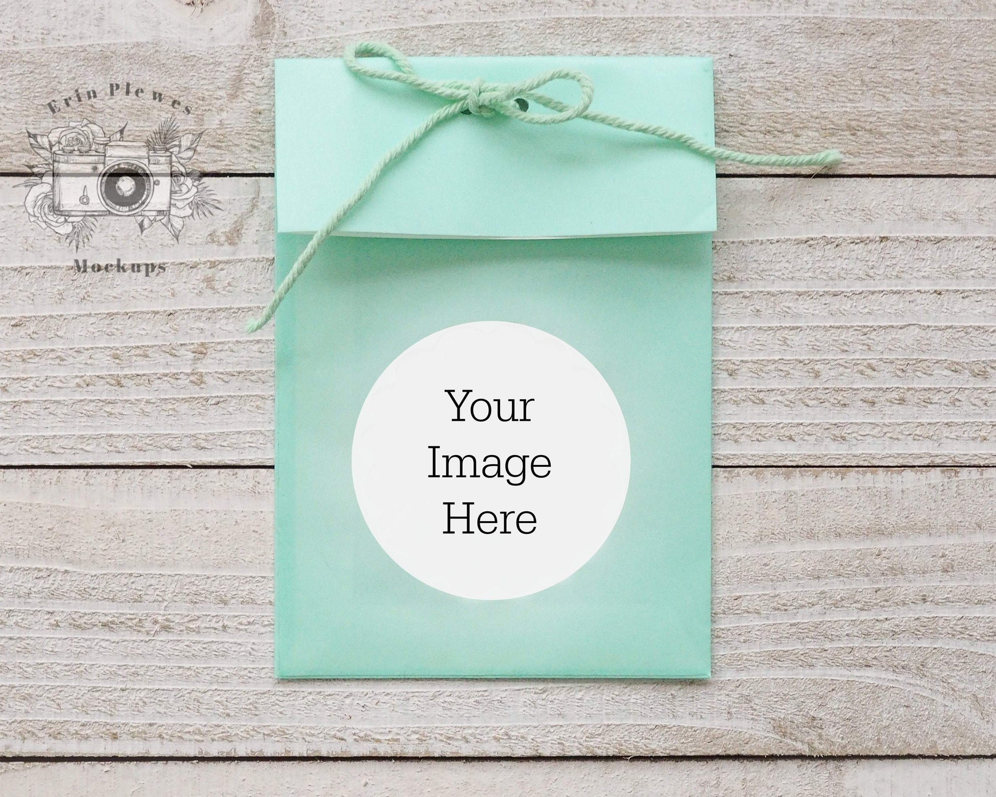 Erin Plewes Mockups Round Sticker Mockup, Sticker mock up on green treat bag, Lifestyle Stock Photo, Instant Digital Download Jpeg