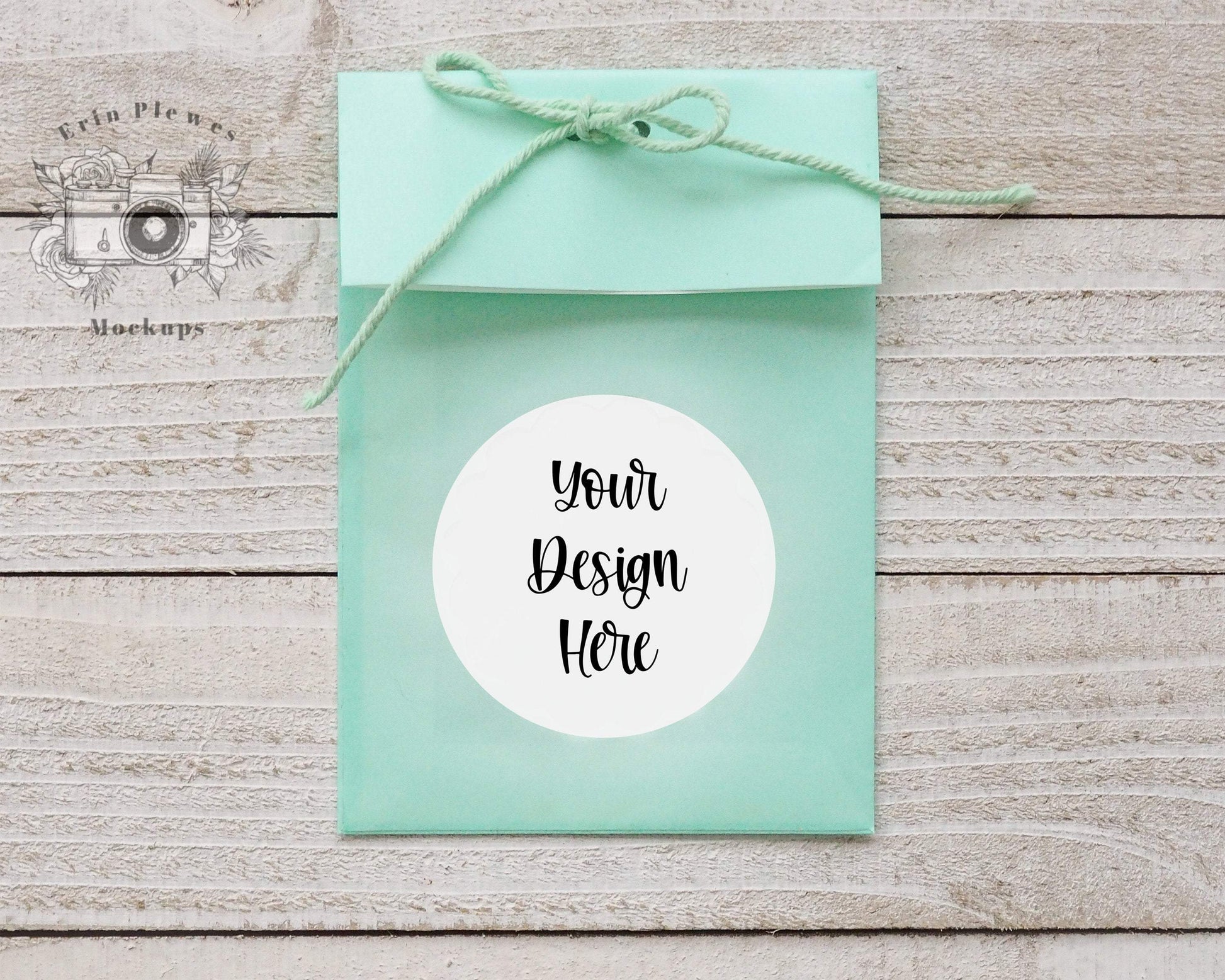 Erin Plewes Mockups Round Sticker Mockup, Sticker mock up on green treat bag, Lifestyle Stock Photo, Instant Digital Download Jpeg