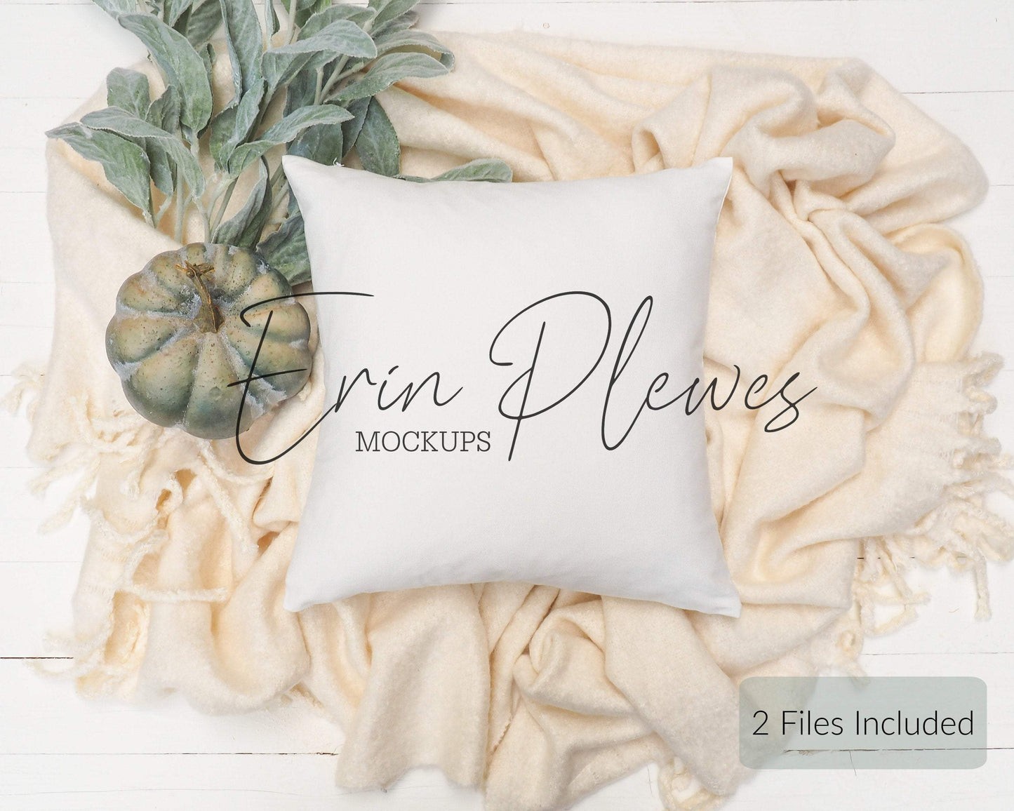 Erin Plewes Mockups Square Pillow Mockup, Pillow Mockup with blanket and pumpkin for fall lifestyle stock photo, White pillow mock up, Jpg digital download