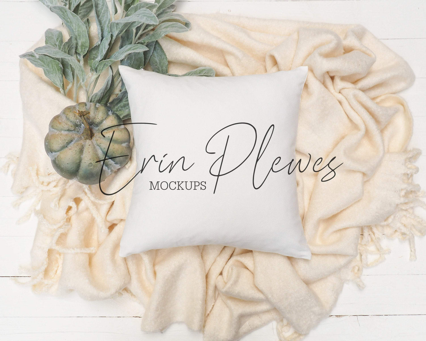 Erin Plewes Mockups Square Pillow Mockup, Pillow Mockup with blanket and pumpkin for fall lifestyle stock photo, White pillow mock up, Jpg digital download