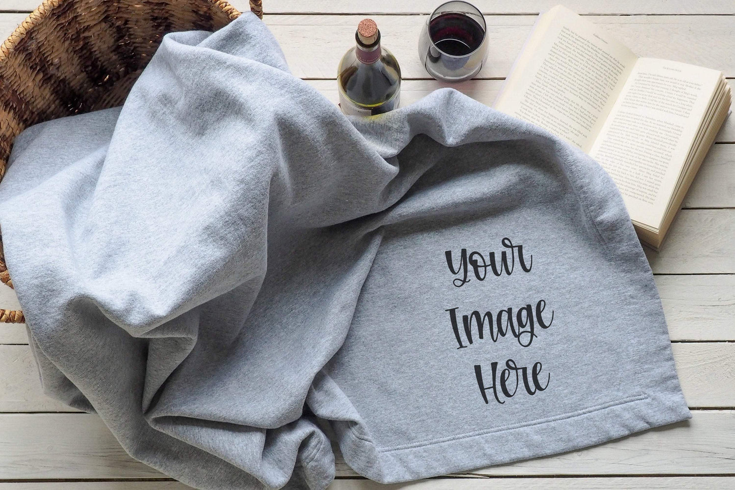 Erin Plewes Mockups Stadium Blanket Mockup, Blanket mockup with wine and book for lifestyle stock photography, Sweatshirt blanket mock-up