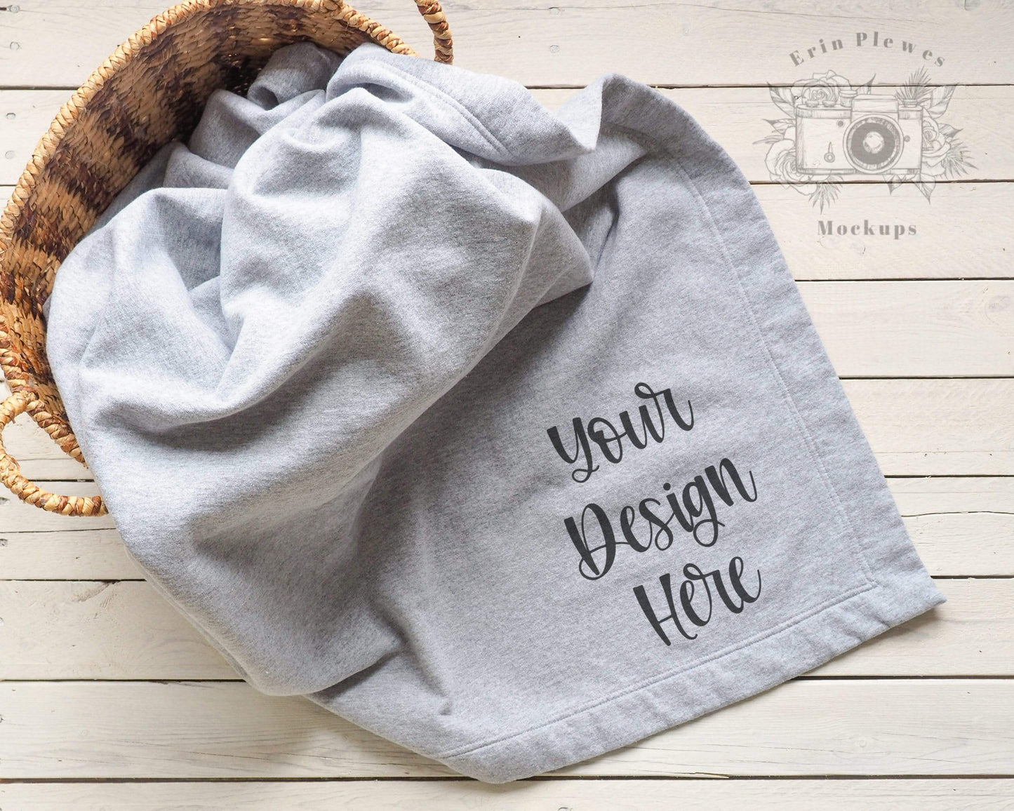 Erin Plewes Mockups Stadium Blanket Mockup, Gildan blanket mockup in a basket for lifestyle stock photography, Gray blanket mock up jpeg digital download