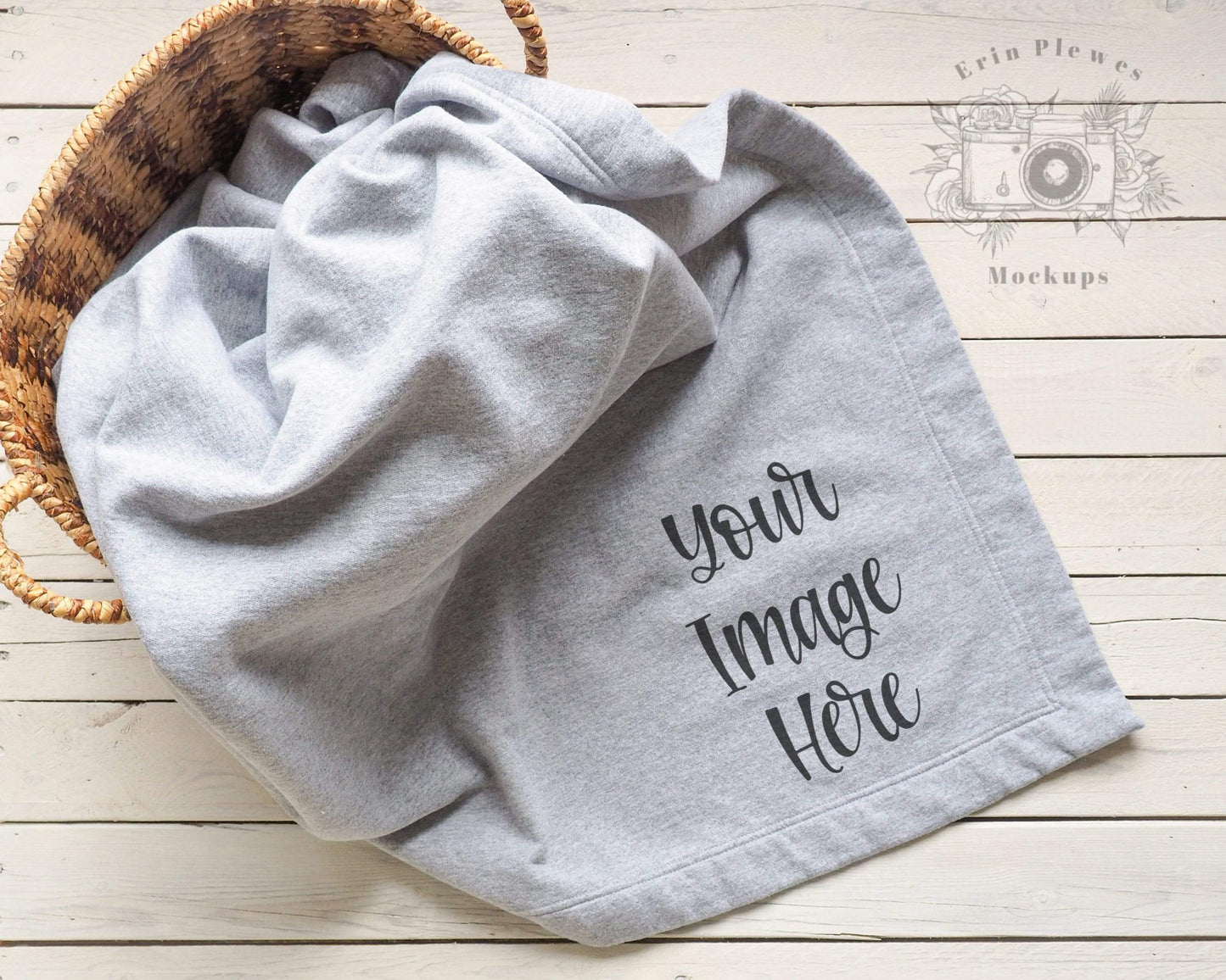 Erin Plewes Mockups Stadium Blanket Mockup, Gildan blanket mockup in a basket for lifestyle stock photography, Gray blanket mock up jpeg digital download