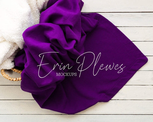 Erin Plewes Mockups Stadium Blanket Mockup, Purple Gildan blanket mock-up in a basket for lifestyle stock photography, Blanket mock up jpeg digital download