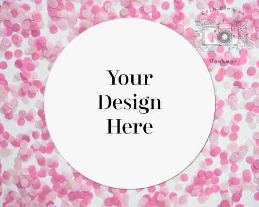 Erin Plewes Mockups Sticker mockup, Round paper mock up for female birthday party, Pink confetti circle mock-up, Jpeg instant Digital Download