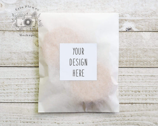 Erin Plewes Mockups Sticker mockup, Square sticker mock up in translucent bag with cookies, Jpeg instant Digital Download Template