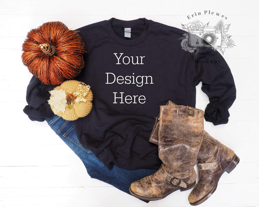 Erin Plewes Mockups Sweatshirt Mockup, Gildan 18000 black sweatshirt mock-up, Autumn flatlay mock up, Fall styled sweat shirt flat lay