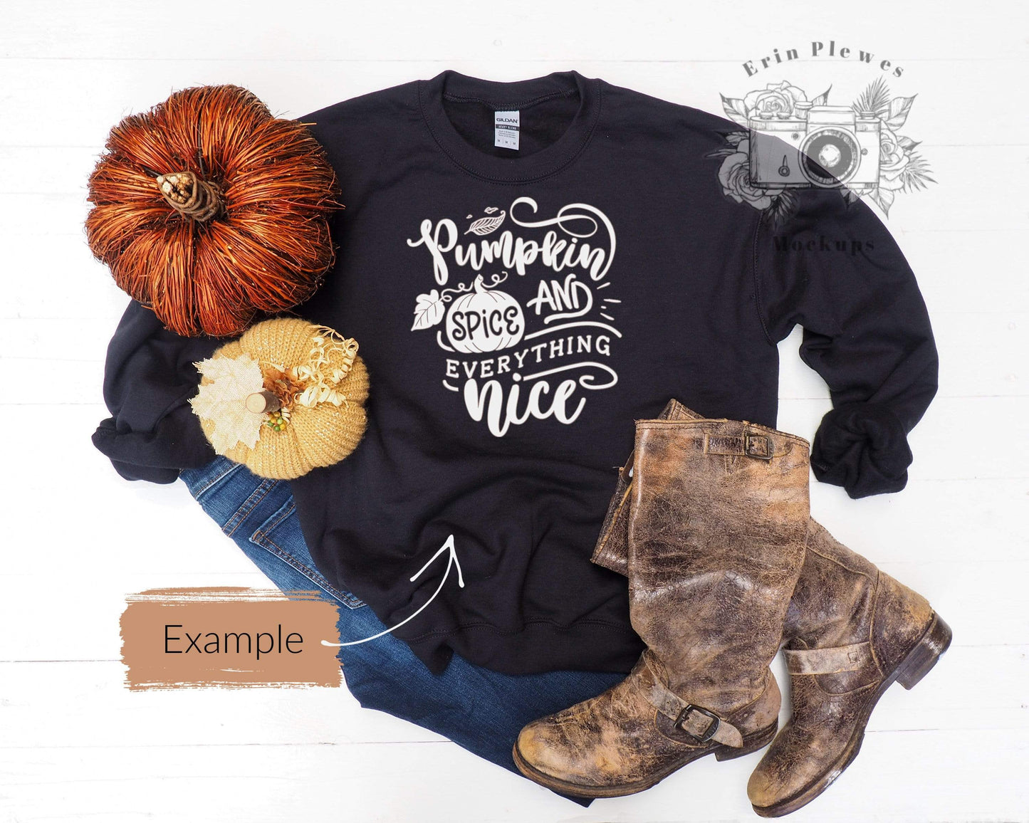Erin Plewes Mockups Sweatshirt Mockup, Gildan 18000 black sweatshirt mock-up, Autumn flatlay mock up, Fall styled sweat shirt flat lay