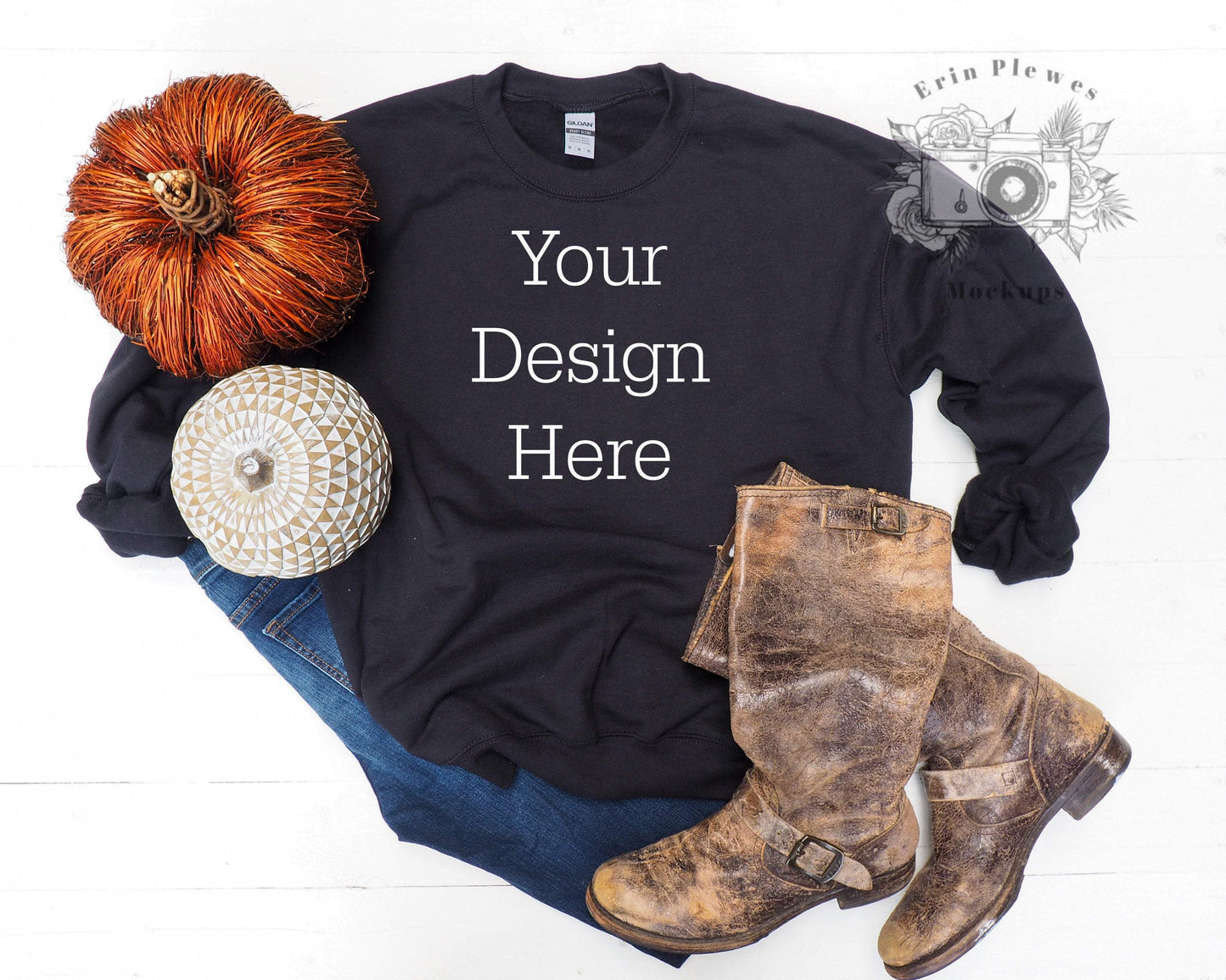 Erin Plewes Mockups Sweatshirt Mockup, Gildan Sweatshirt mockup with rustic boots and fall pumpkins, Autumn styled flat lay mock-up JPEG
