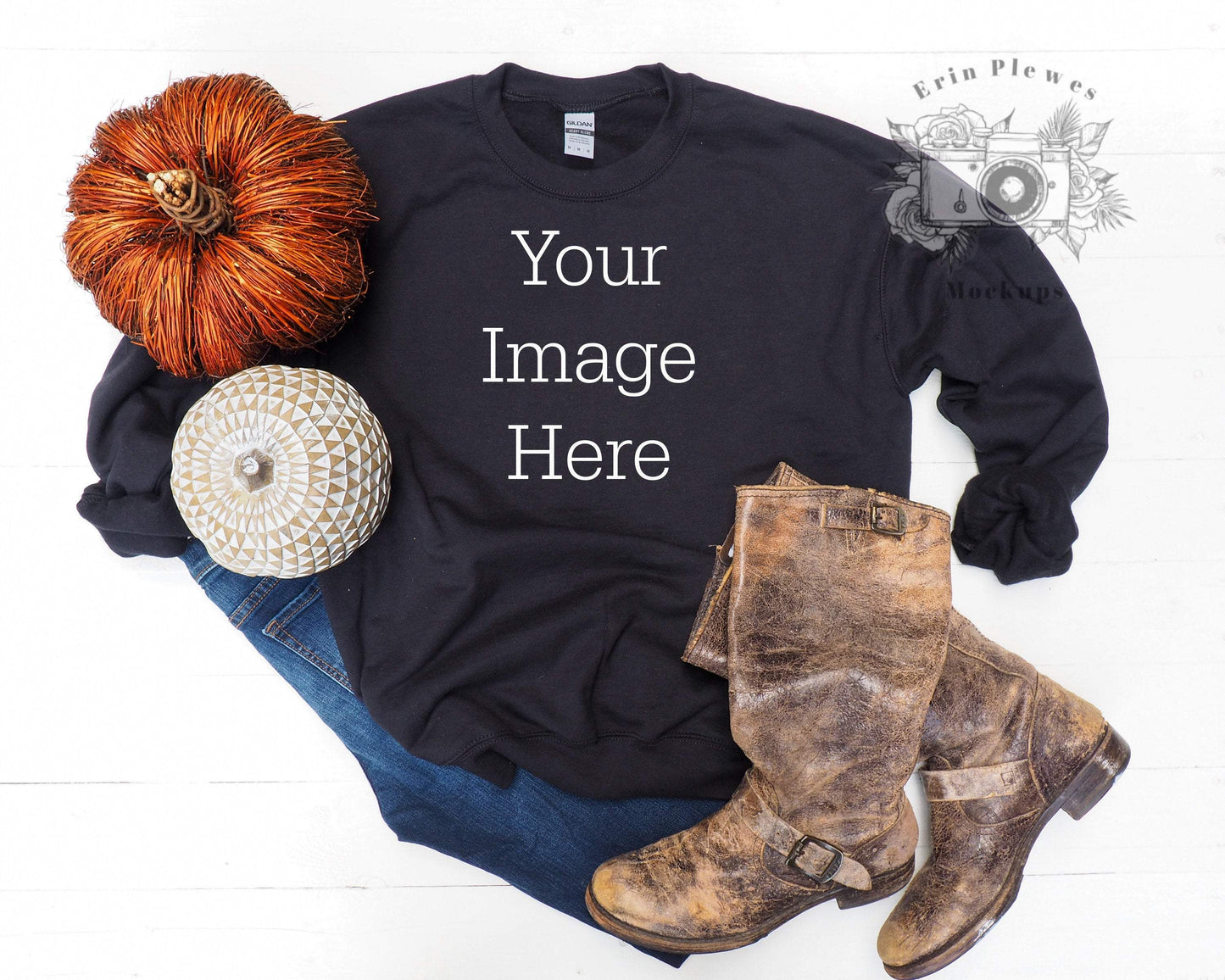 Erin Plewes Mockups Sweatshirt Mockup, Gildan Sweatshirt mockup with rustic boots and fall pumpkins, Autumn styled flat lay mock-up JPEG
