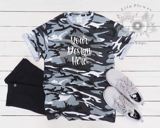 Erin Plewes Mockups Tshirt Mockup, Grey Camo T-Shirt Mockup for Styled Stock Photo, Crafter Styled Tee Shirt Mock-up Jpeg
