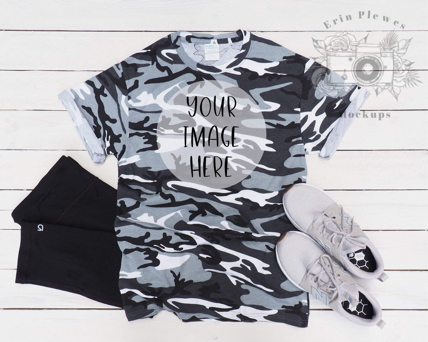 Erin Plewes Mockups Tshirt Mockup, Grey Camo T-Shirt Mockup for Styled Stock Photo, Crafter Styled Tee Shirt Mock-up Jpeg