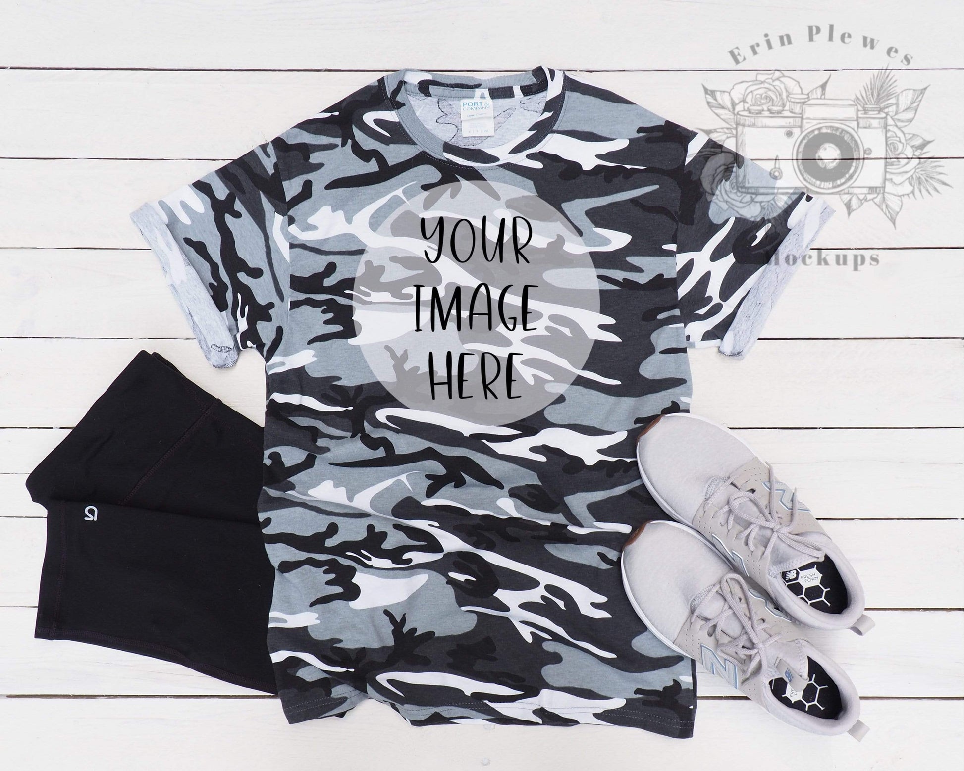 Erin Plewes Mockups Tshirt Mockup, Grey Camo T-Shirt Mockup for Styled Stock Photo, Crafter Styled Tee Shirt Mock-up Jpeg
