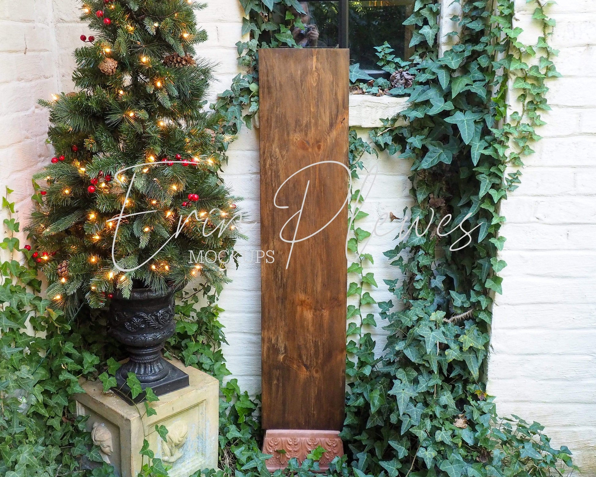 Erin Plewes Mockups Vertical Sign Mockup, Christmas Porch Sign Mock Up, Outdoor Wood Frame Mock-up 12" x 48", Holiday Farmhouse Style Template