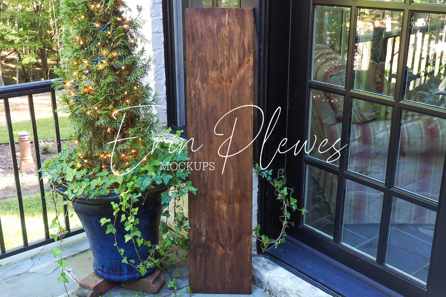 Erin Plewes Mockups Wood Sign Mockup 12" x 48", Porch Sign Mock Up, Rustic Brown Wood Frame Mock-up 1 ft x 4 ft, Farmhouse Style Sign Stock Photo
