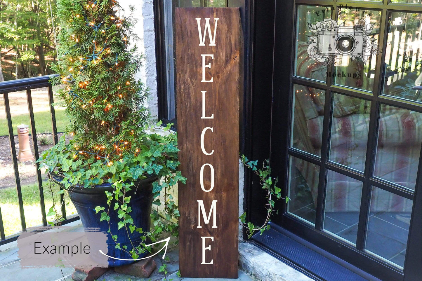 Erin Plewes Mockups Wood Sign Mockup 12" x 48", Porch Sign Mock Up, Rustic Brown Wood Frame Mock-up 1 ft x 4 ft, Farmhouse Style Sign Stock Photo