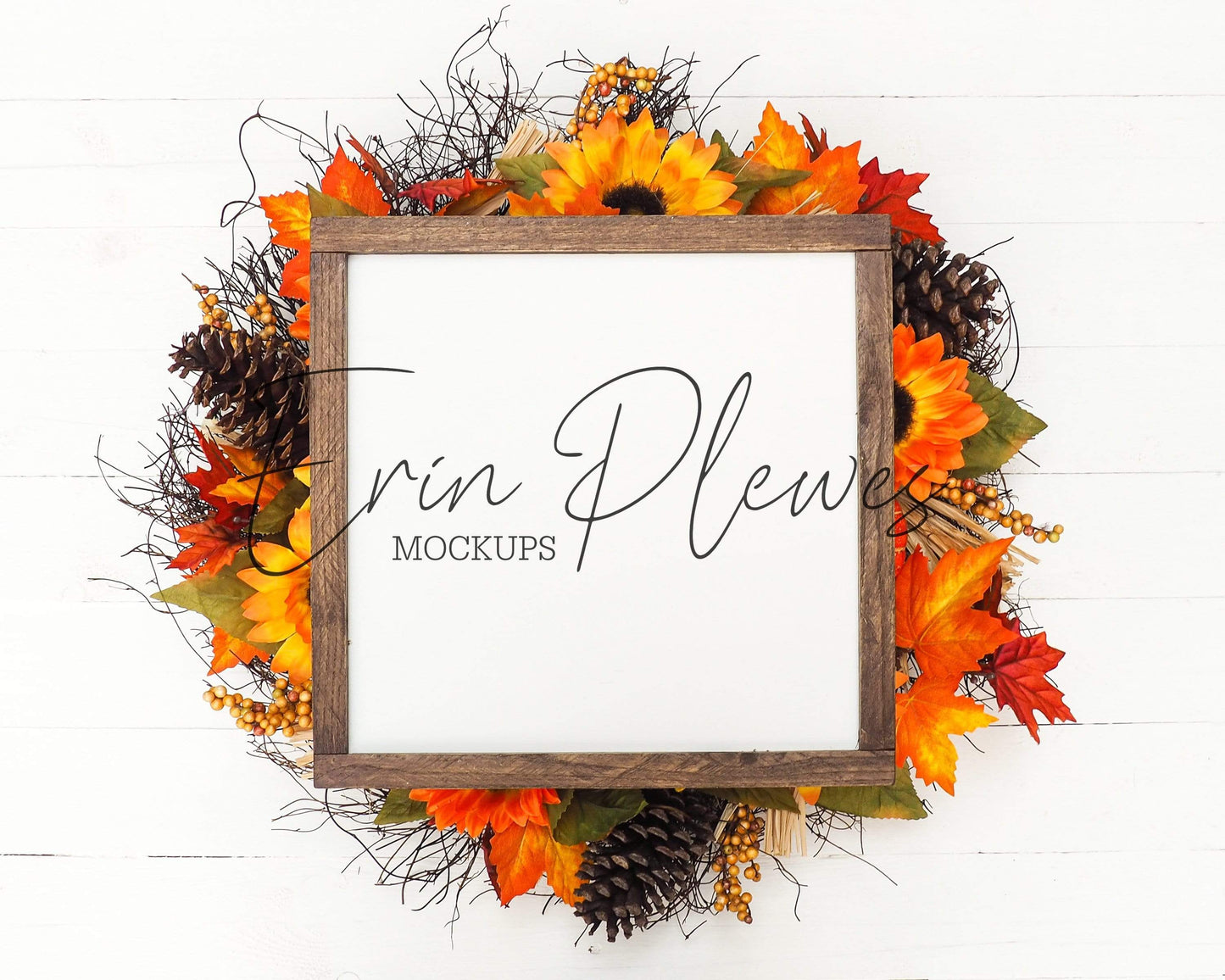 Erin Plewes Mockups Wood Sign Mockup 12x12, Rustic Wood Frame Mock Up, Fall Sign Flat Lay with Pumpkins and Sunflowers, Farmhouse Style Mock-up