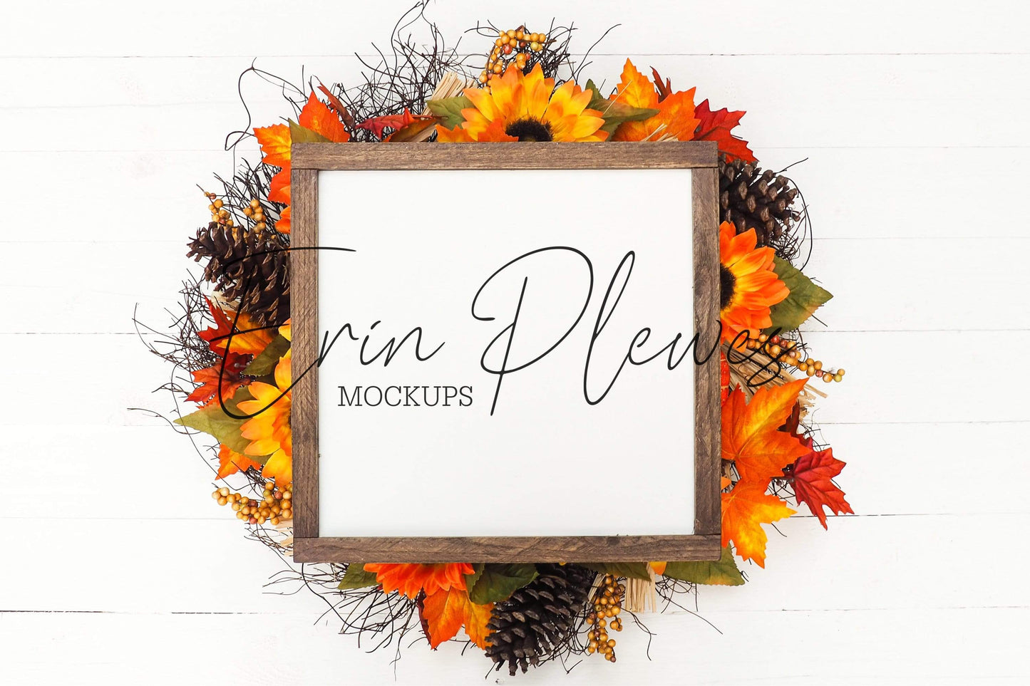 Erin Plewes Mockups Wood Sign Mockup 12x12, Rustic Wood Frame Mock Up, Fall Sign Flat Lay with Pumpkins and Sunflowers, Farmhouse Style Mock-up